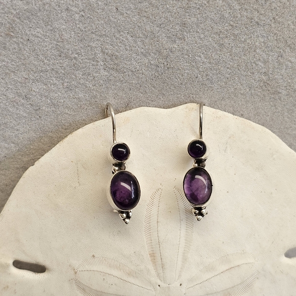 925 Sterling Silver Amethyst Drop Earrings Vintage - Picture 5 of 14